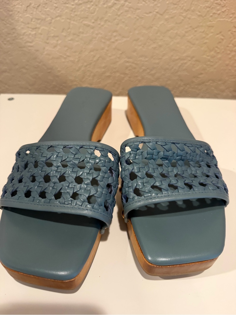 Tory Burch Woven Slide Sandals in Dusty Blue